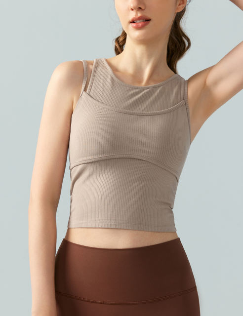 Khaki Ribbed Vintage Yoga Vest Active Tank Top