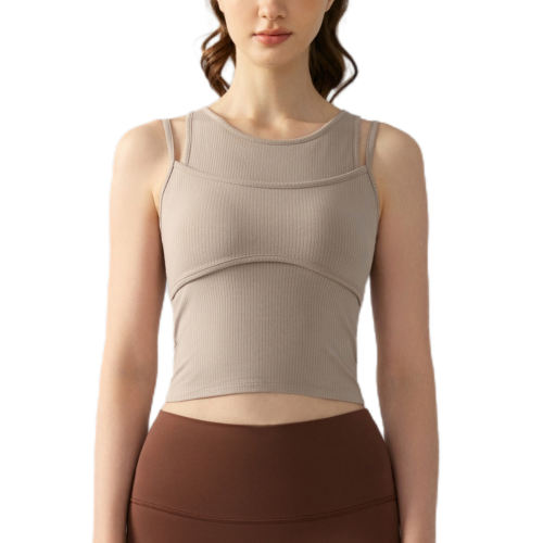 Khaki Ribbed Vintage Yoga Vest Active Tank Top