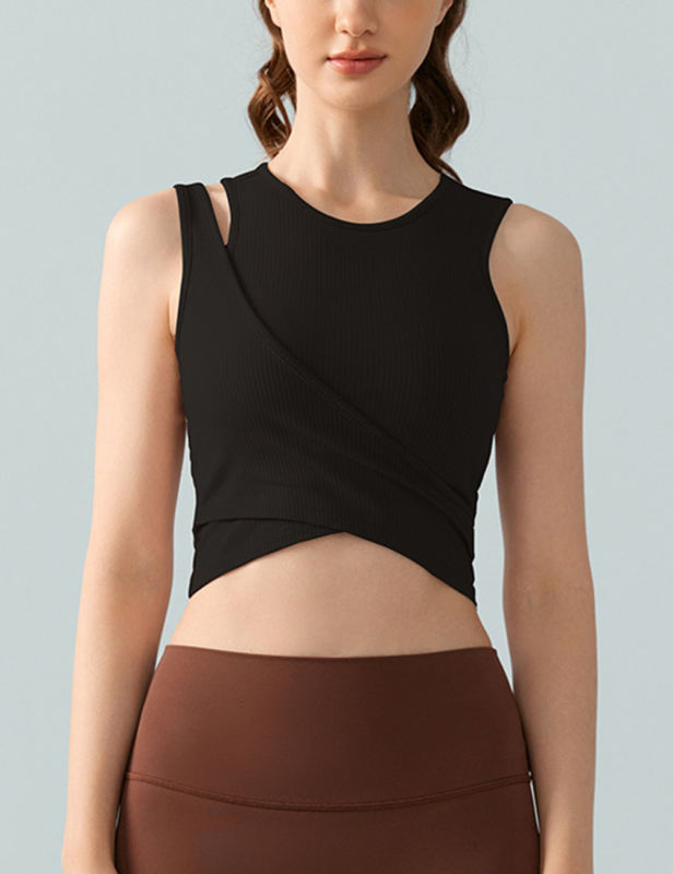 Black Ribbed Spliced Yoga Vest Active Tank Top