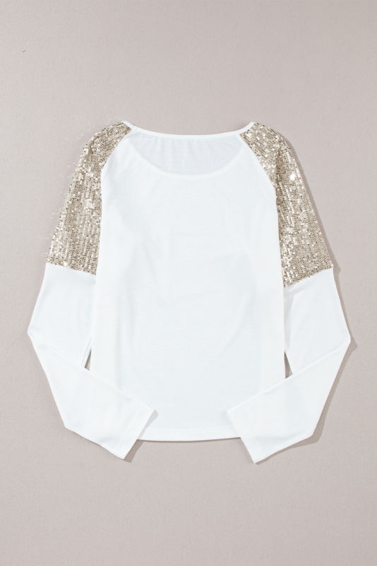 White Sequin Patch Chest Pocket Raglan Sleeve Top