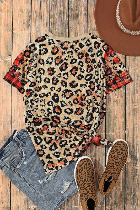 Leopard MAMA Heart Plaid Print O Neck T Shirt