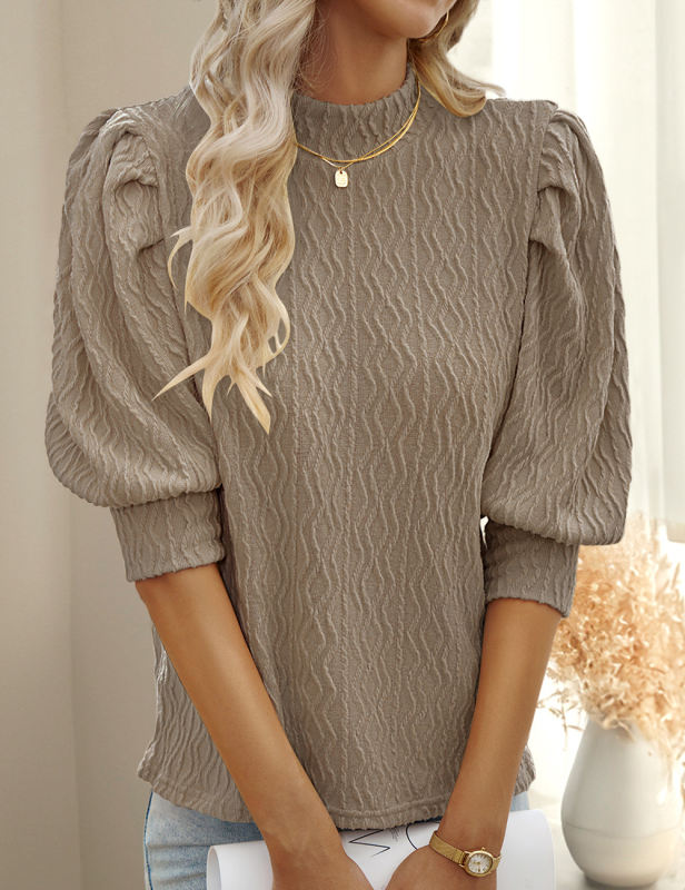 Brown Textured Knit Half Sleeve Blouse Top
