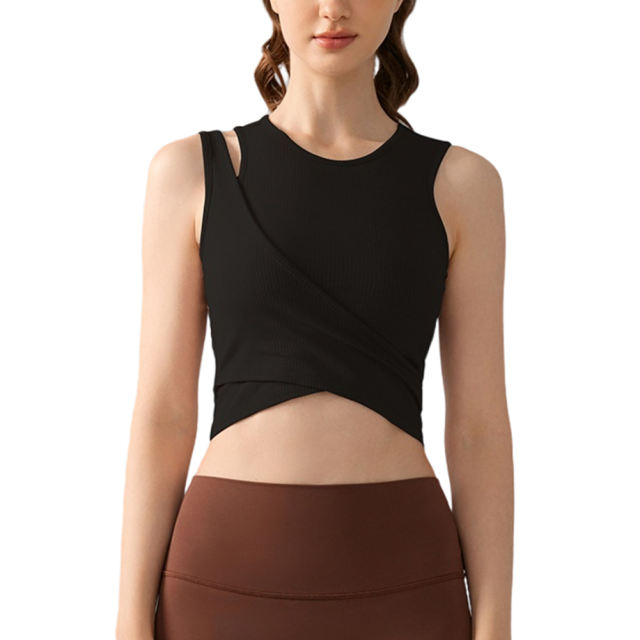 Black Ribbed Spliced Yoga Vest Active Tank Top