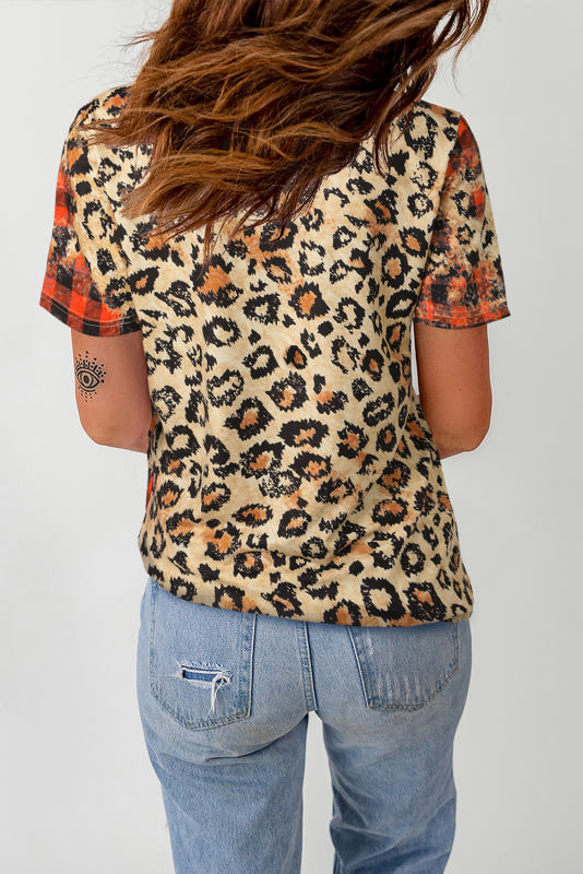 Leopard MAMA Heart Plaid Print O Neck T Shirt