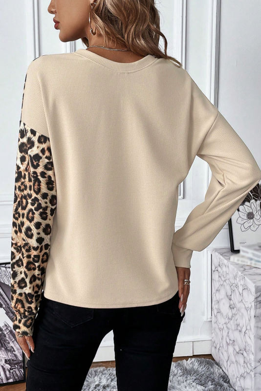 Pale Khaki Leopard Colorblock Waffle Knit Top