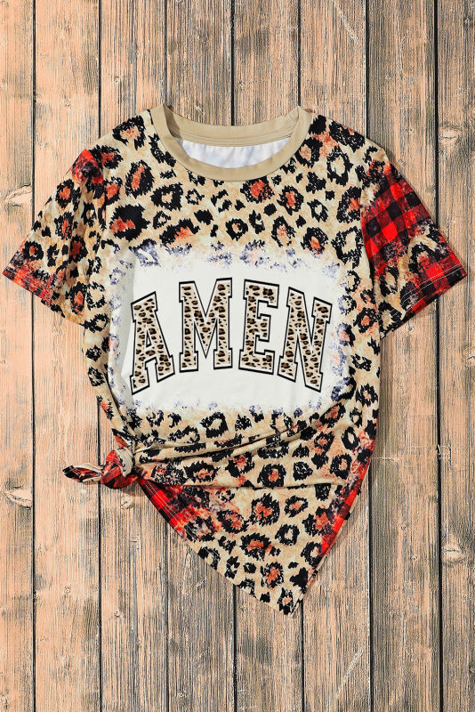 Leopard Leopard Plaid Blended AMEN Letter Graphic T Shirt