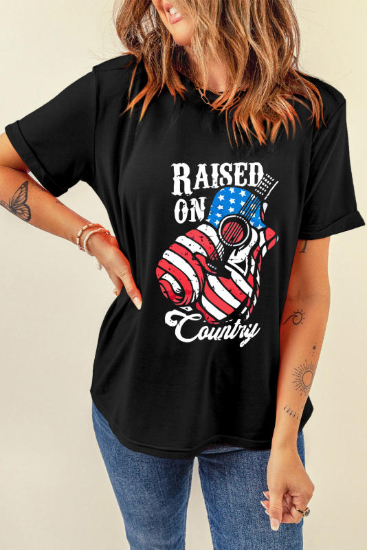 Black Raised On Country USA Flag Guitar Graphic Tee