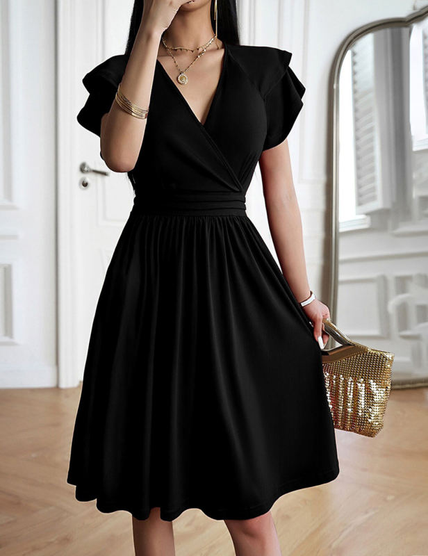 Black Layered Short Sleeve V Neck Midi Dress