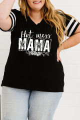 Black Hot mess MAMA Varsity Striped Sleeve Plus V Neck Tee