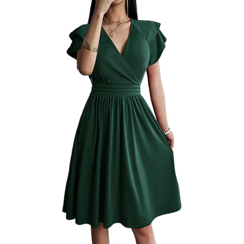Dark Green Layered Short Sleeve V Neck Midi Dress