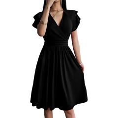 Black Layered Short Sleeve V Neck Midi Dress