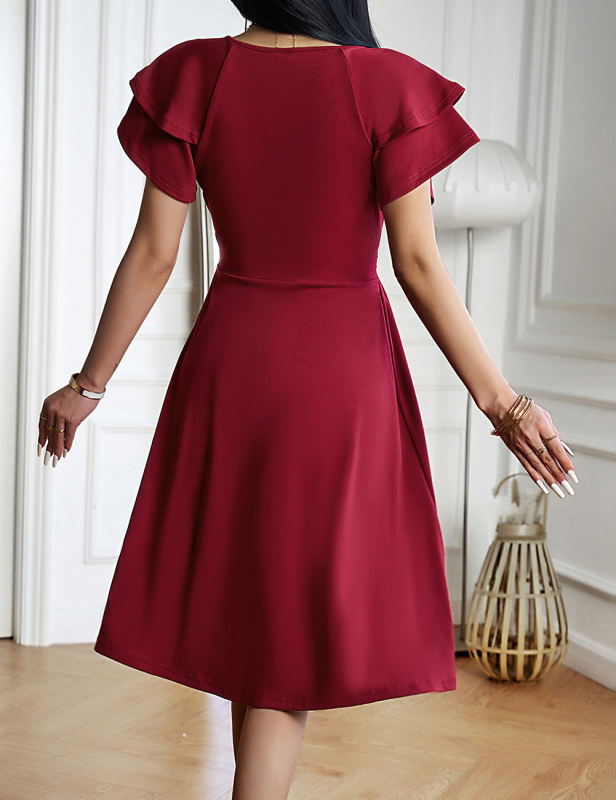 Burgundy Layered Short Sleeve V Neck Midi Dress