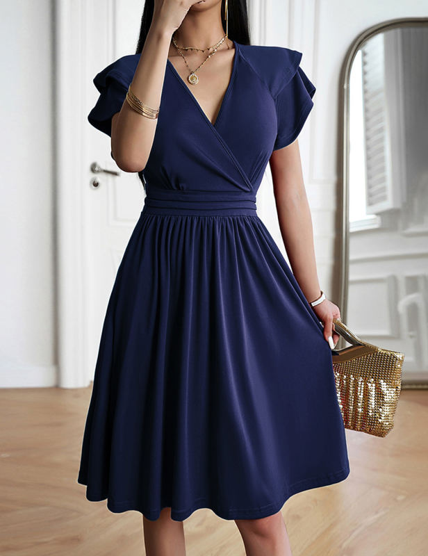 Navy Blue Layered Short Sleeve V Neck Midi Dress