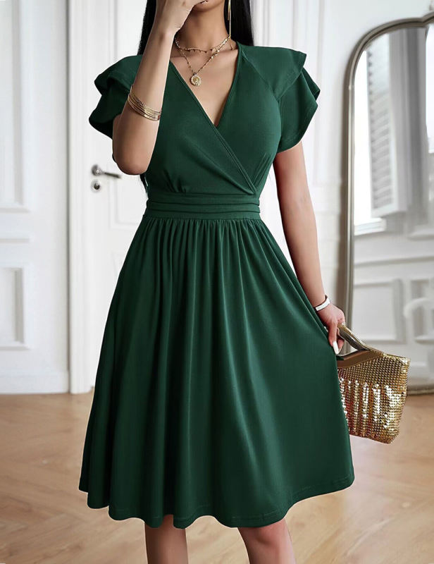 Dark Green Layered Short Sleeve V Neck Midi Dress