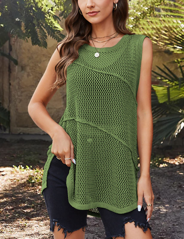 Green Sleeveless Hollow-out Knit Slit Tank Top