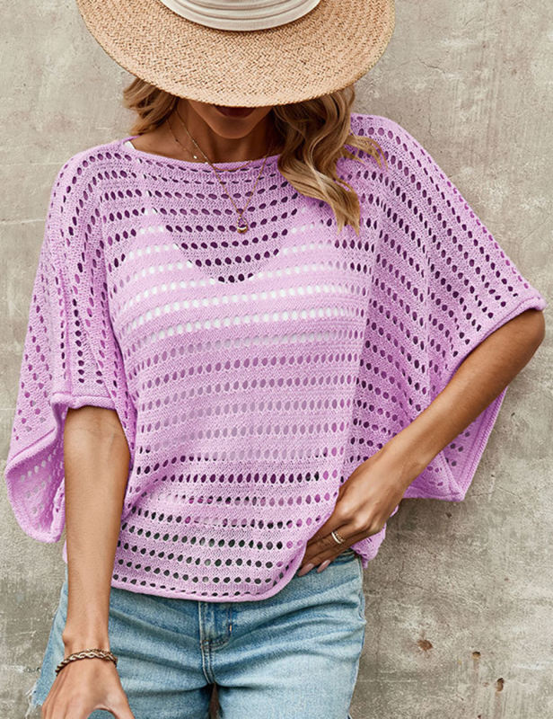 Purple Bat Sleeve Hollow-out Knit Top