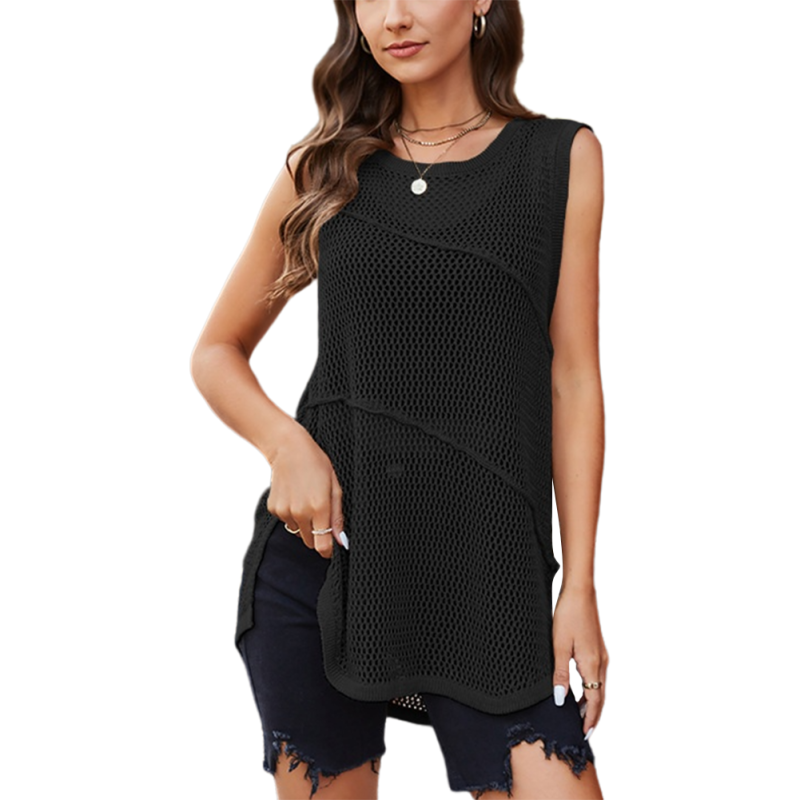 Black Sleeveless Hollow-out Knit Slit Tank Top
