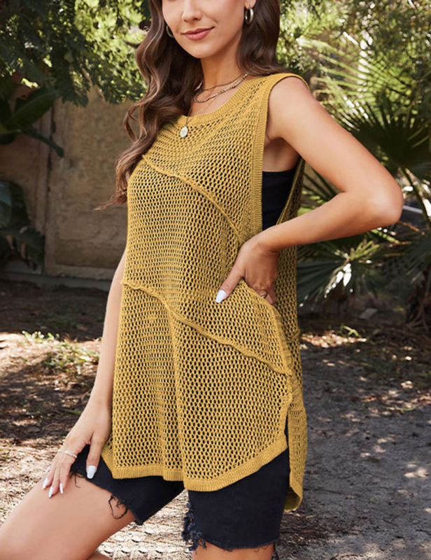 Yellow Sleeveless Hollow-out Knit Slit Tank Top