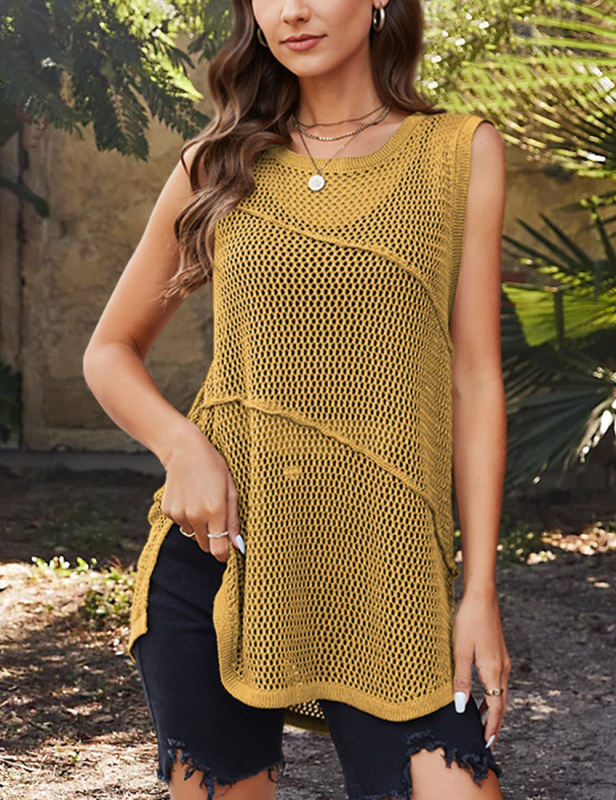 Yellow Sleeveless Hollow-out Knit Slit Tank Top