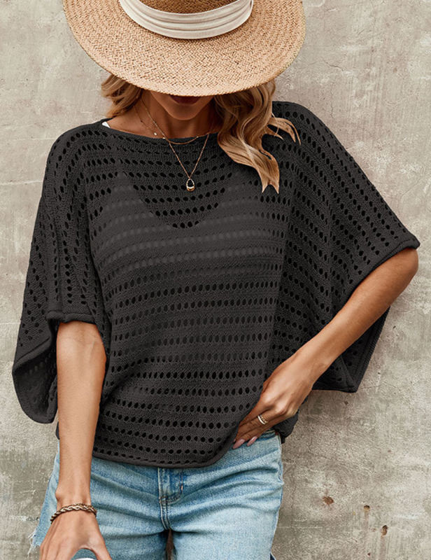 Black Bat Sleeve Hollow-out Knit Top