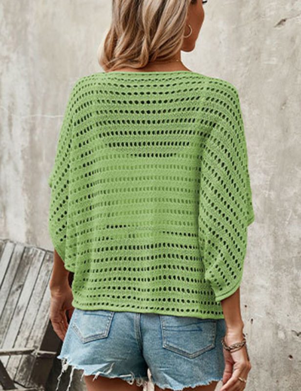 Green Bat Sleeve Hollow-out Knit Top