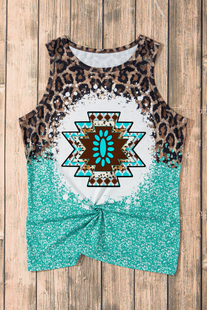 Light Blue Bleached Tie-dye Leopard Aztec Pattern Tank Top