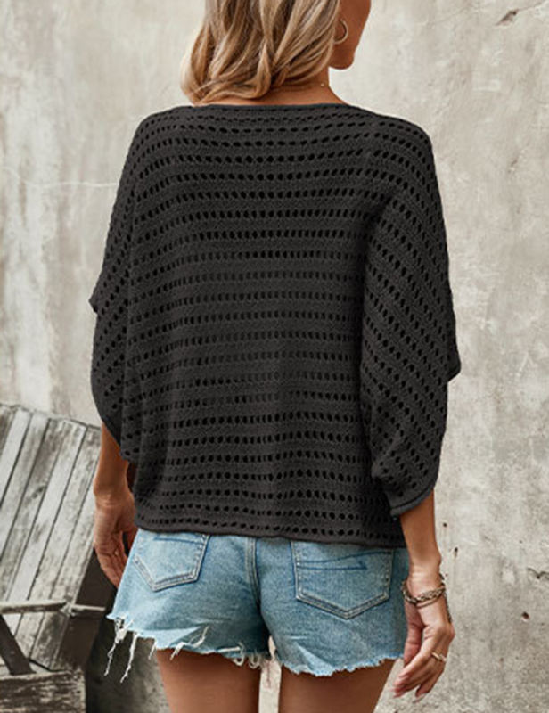 Black Bat Sleeve Hollow-out Knit Top