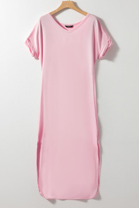 Pink V Neck Hidden Pocket Splits Maxi T-shirt Dress