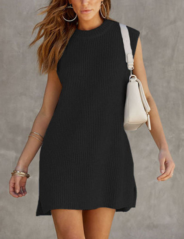Black Knitted Sleeveless Slit Mini Dress