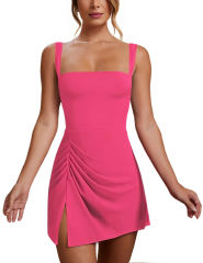 Rosy Sleeveless Side Split Pleated Mini Dress