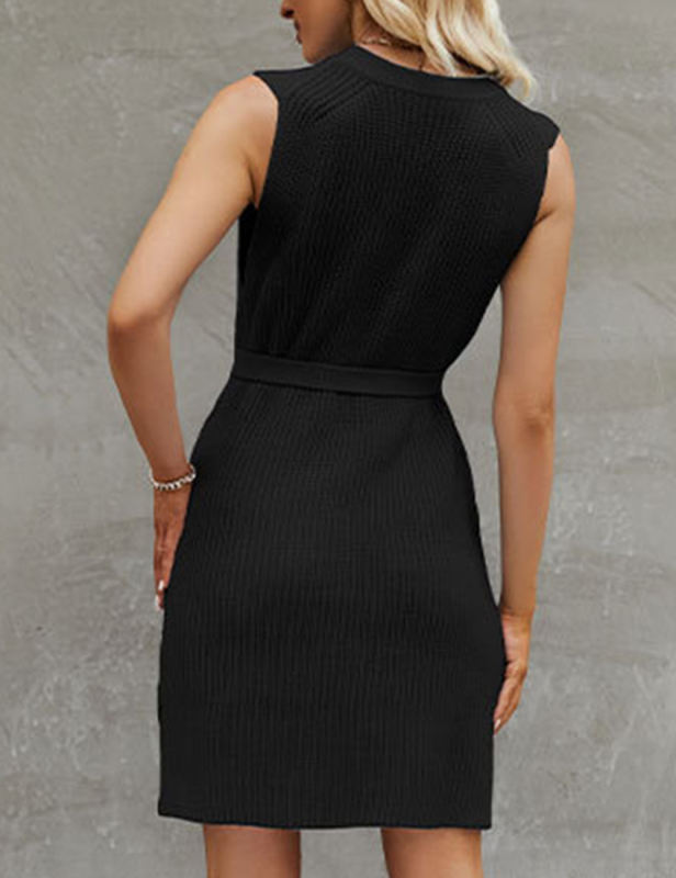 Black Knitted Sleeveless Slit Mini Dress