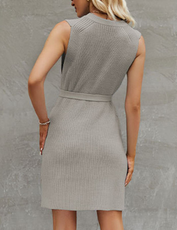 Gray Knitted Sleeveless Slit Mini Dress