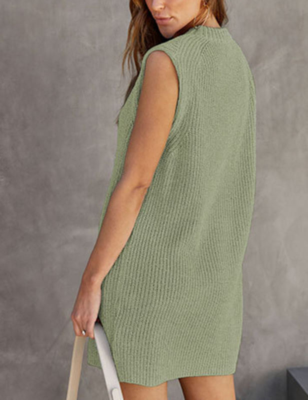 Pea Green Knitted Sleeveless Slit Mini Dress