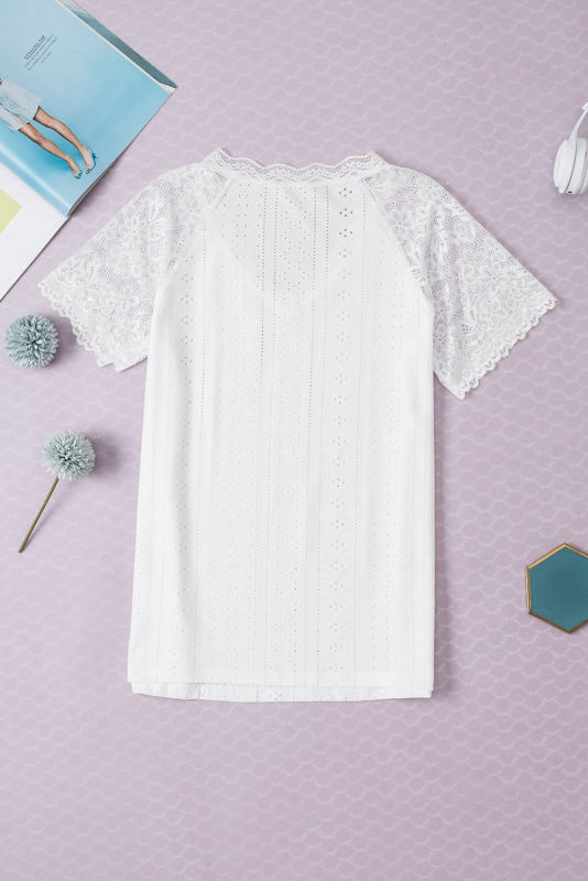 White Sheer Lace Short Sleeves Eyelet Embroidered Tee