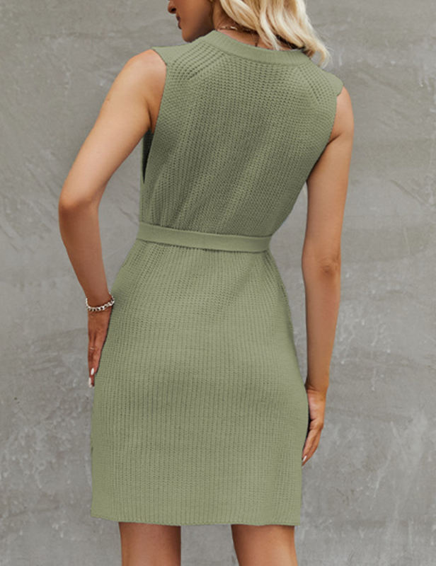 Pea Green Knitted Sleeveless Slit Mini Dress