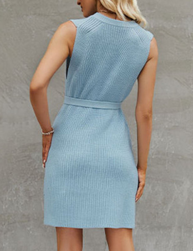 Blue Knitted Sleeveless Slit Mini Dress