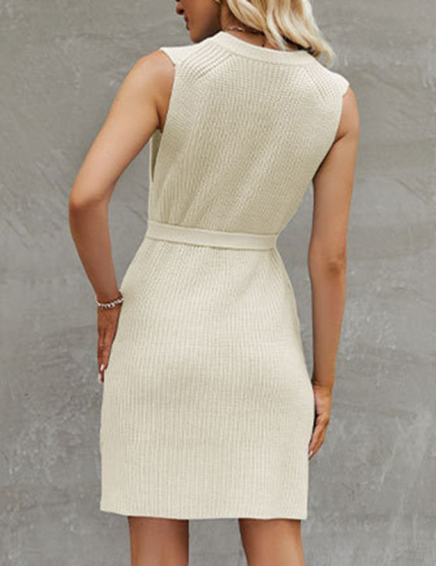 Apricot Knitted Sleeveless Slit Mini Dress