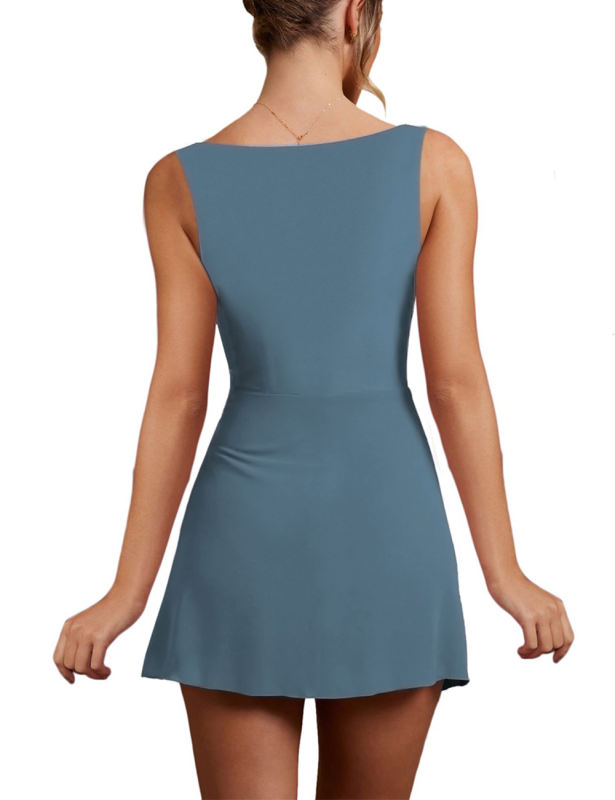 Blue Sleeveless Side Split Pleated Mini Dress