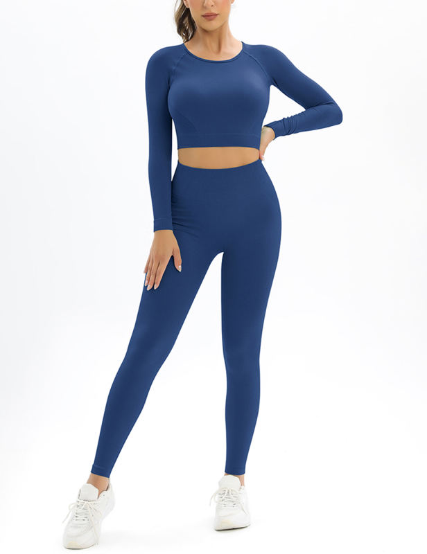 Blue Open Back Long Sleeve Top and Yoga Legging Sports Set