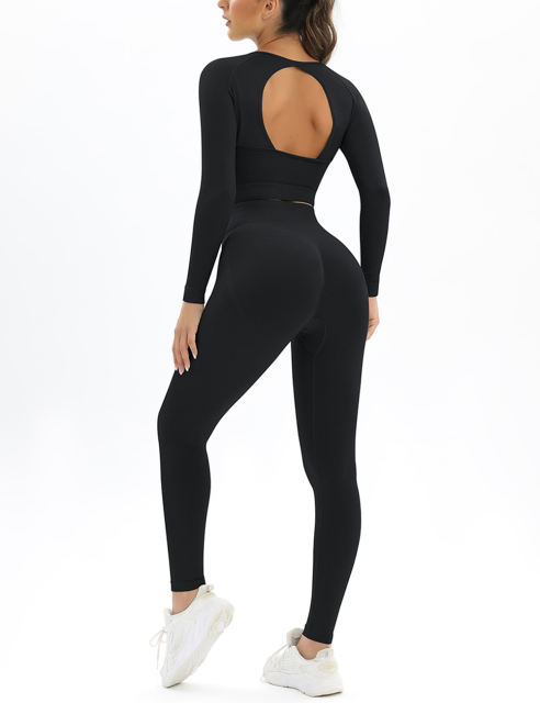 Black Open Back Long Sleeve Top and Yoga Legging Sports Set