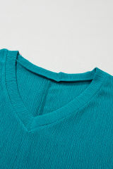 Blue Crinkled V Neck Wide Sleeve T-shirt