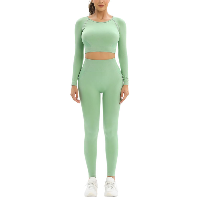 Green Open Back Long Sleeve Top and Yoga Legging Sports Set