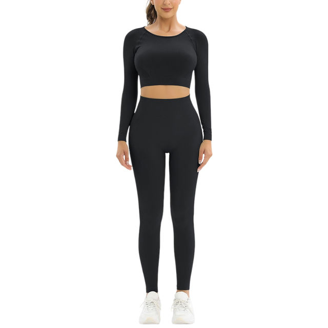 Black Open Back Long Sleeve Top and Yoga Legging Sports Set