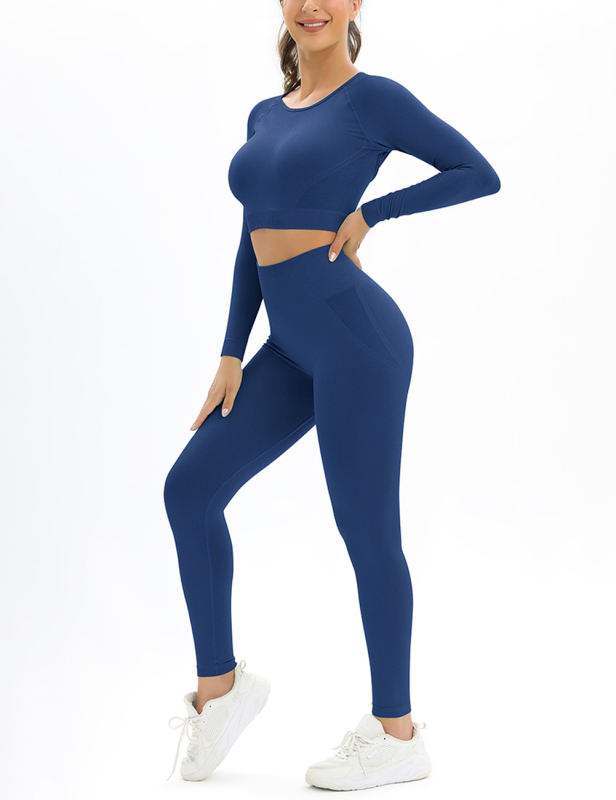 Blue Open Back Long Sleeve Top and Yoga Legging Sports Set