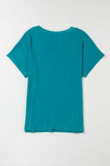 Blue Crinkled V Neck Wide Sleeve T-shirt