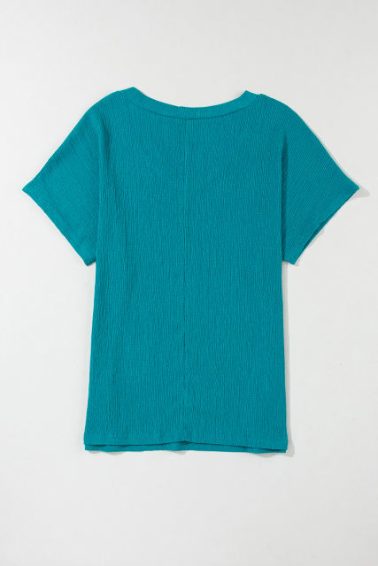 Blue Crinkled V Neck Wide Sleeve T-shirt