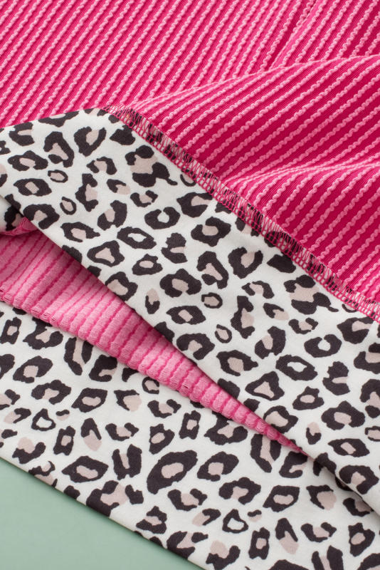 Rose Red Leopard Trim V Neck Short Sleeve Plus Size Corded Top