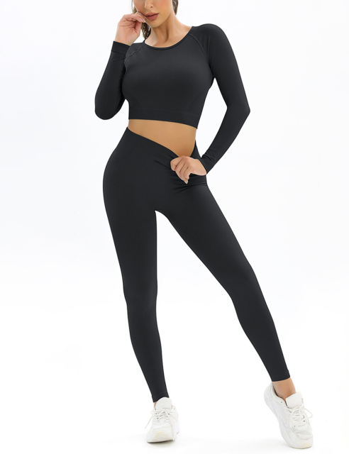 Black Open Back Long Sleeve Top and Yoga Legging Sports Set