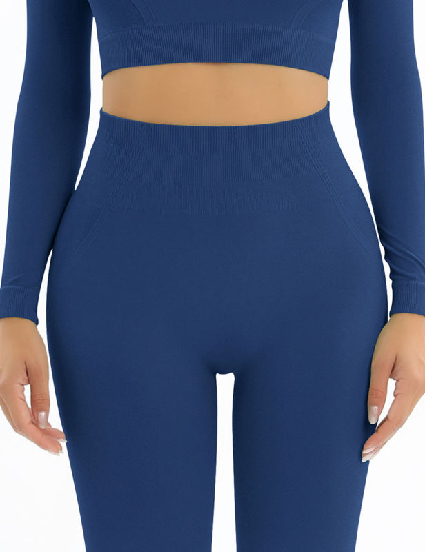 Blue Open Back Long Sleeve Top and Yoga Legging Sports Set