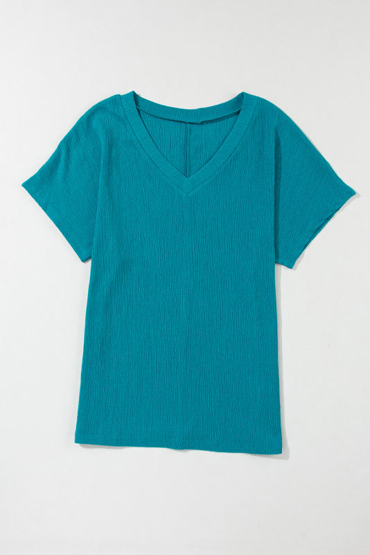 Blue Crinkled V Neck Wide Sleeve T-shirt